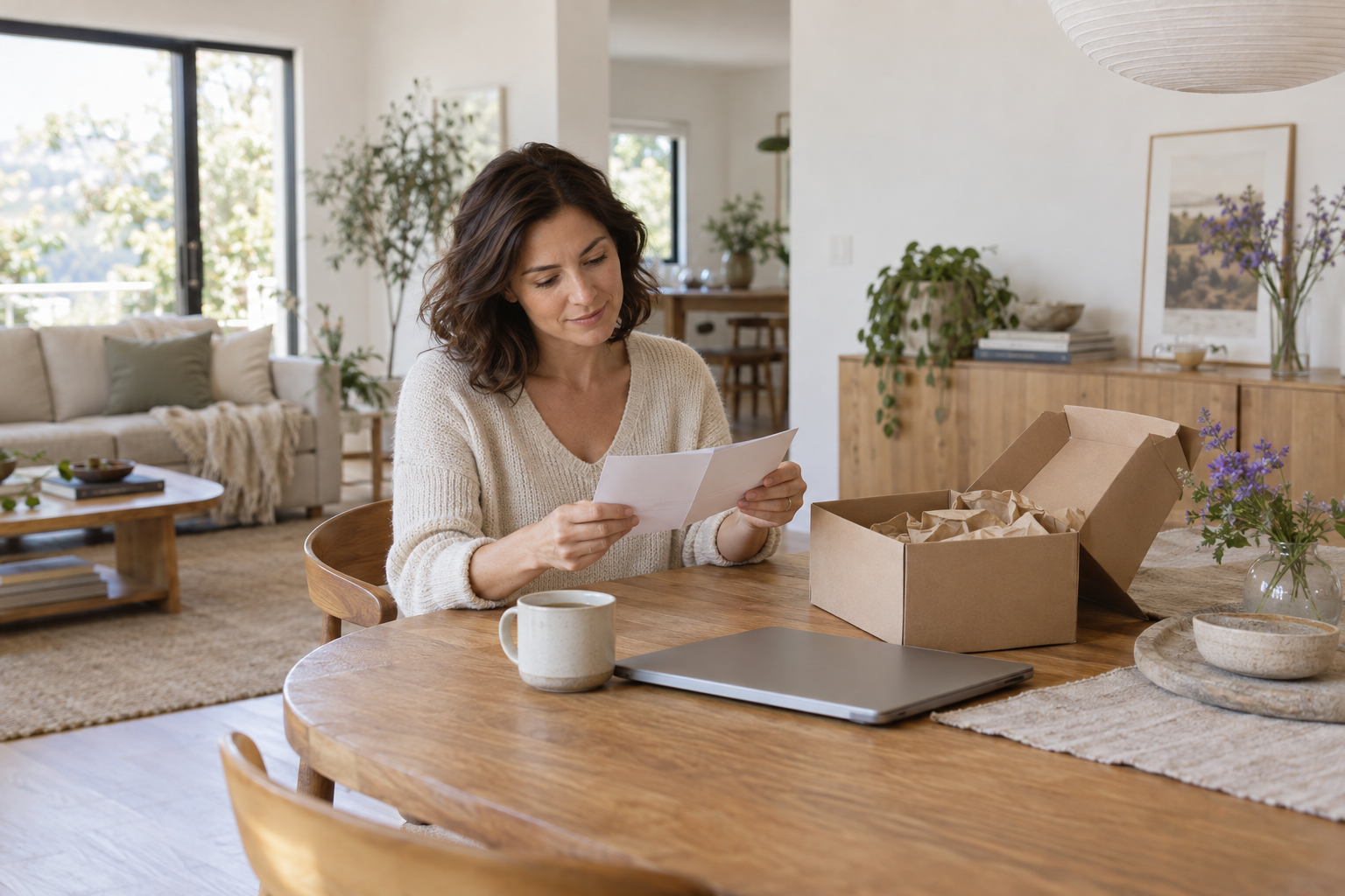 Illustrative owner reading a guide after opening a package