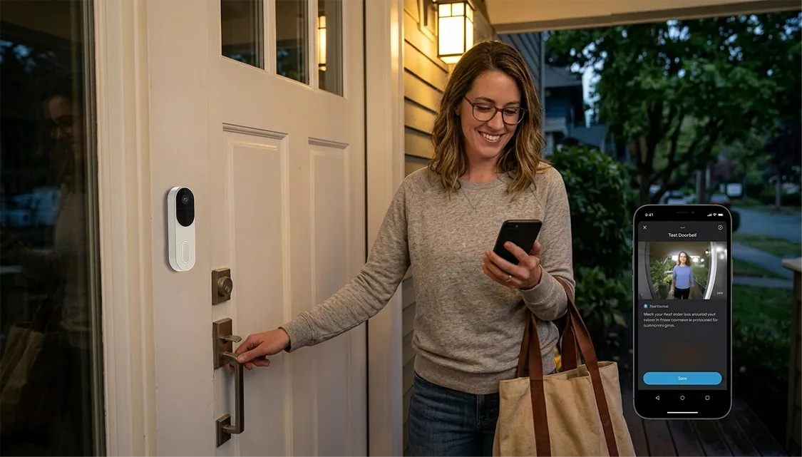 Family arriving home with a dog at the front door