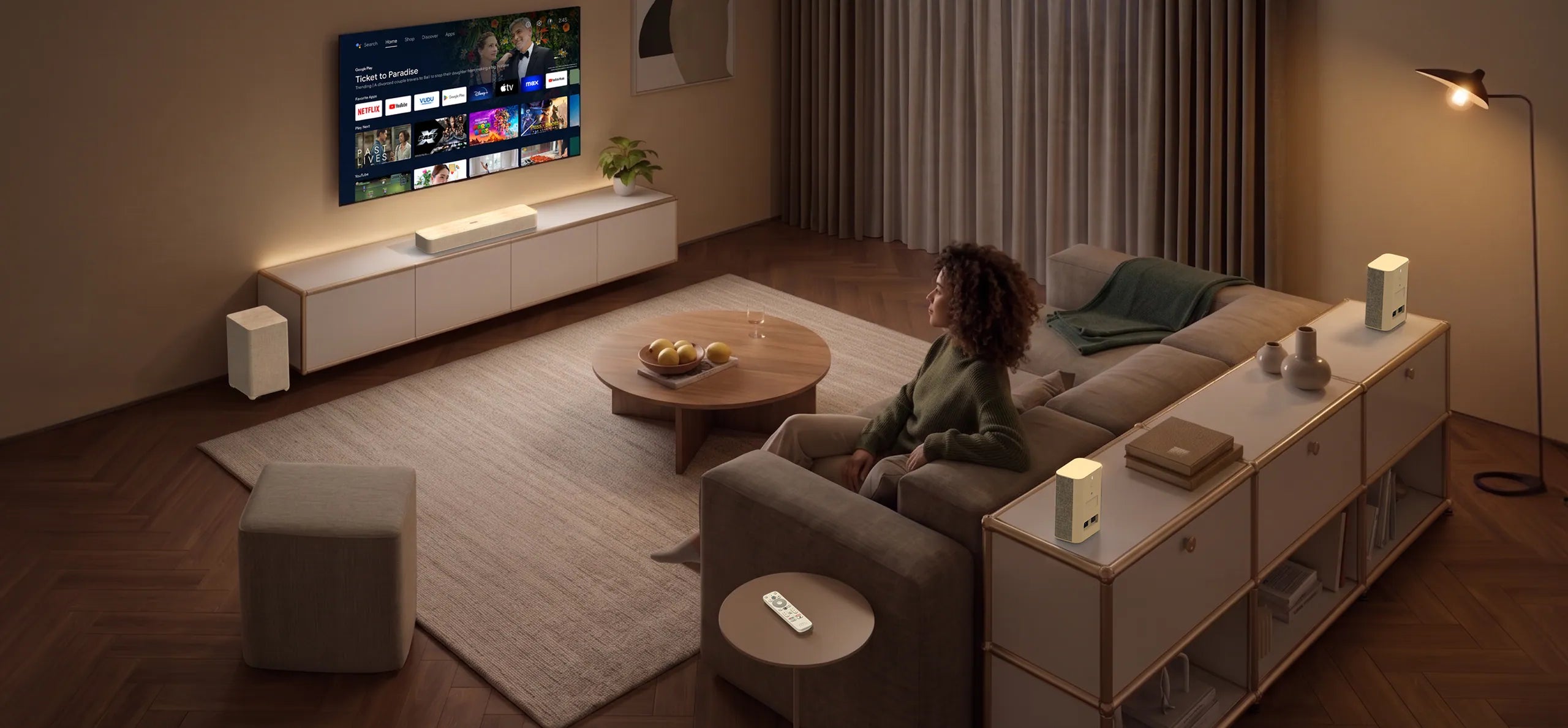 The HOMA Soundbar 5.1.4 beneath a wall-mounted television
