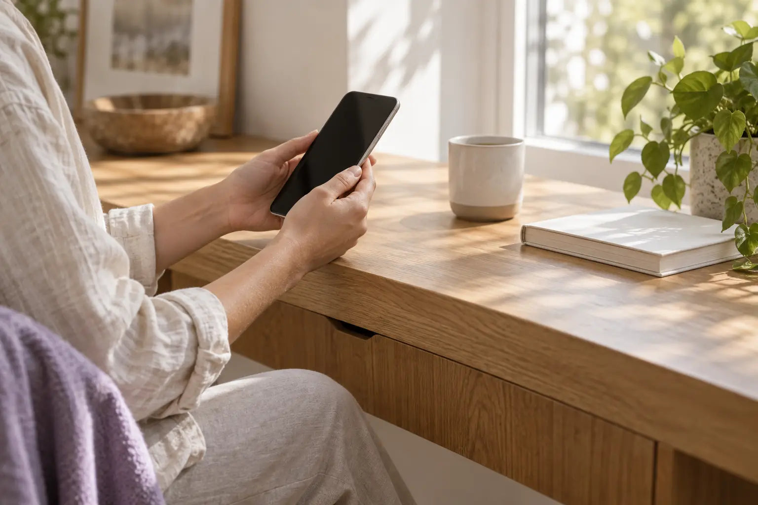 A person holding an unbranded phone in a quiet home setting