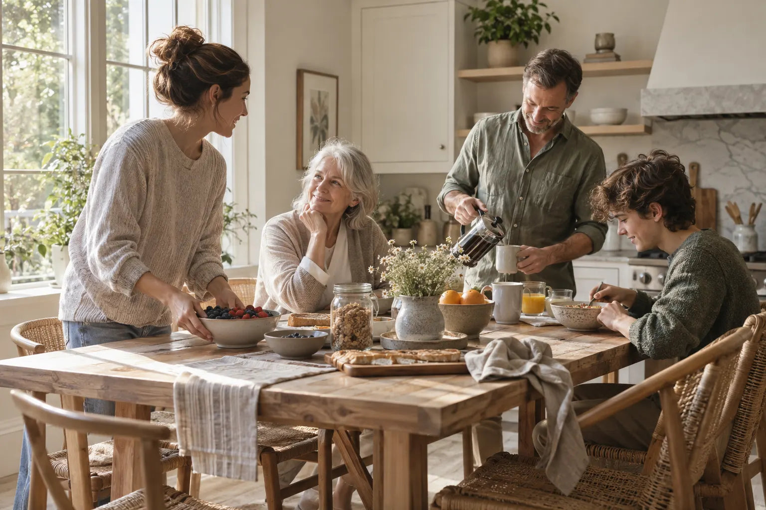 Illustrative family sharing an everyday breakfast at home