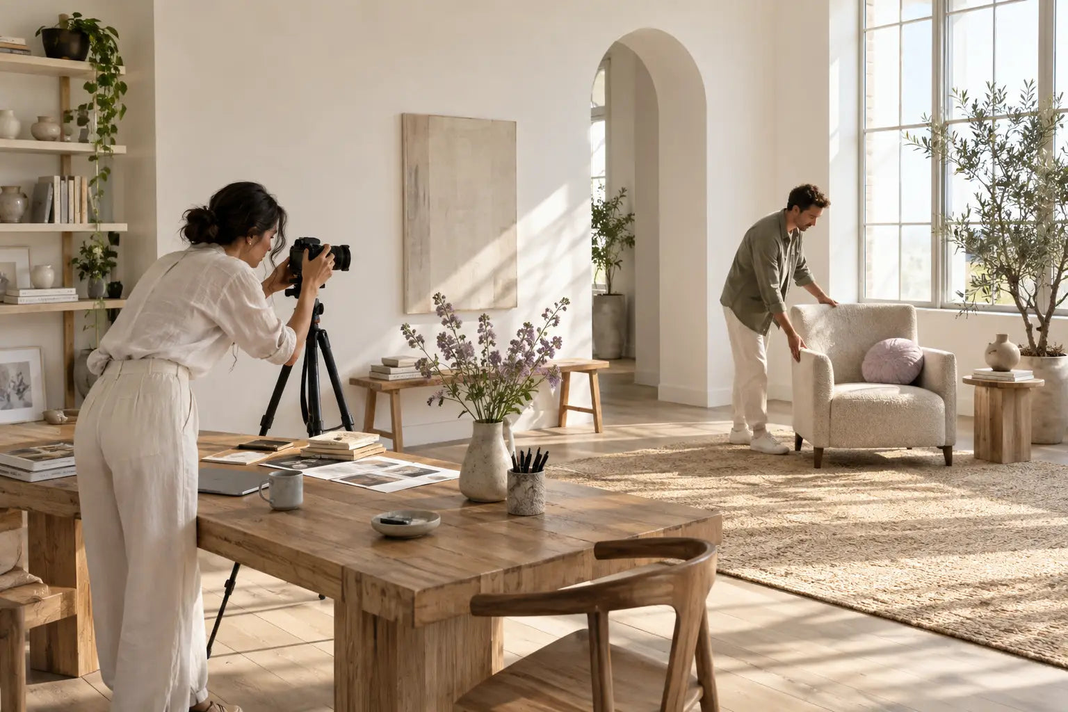 Illustrative creators photographing an everyday living space