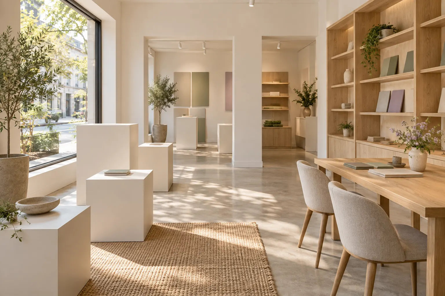 Illustrative retail interior with empty display plinths