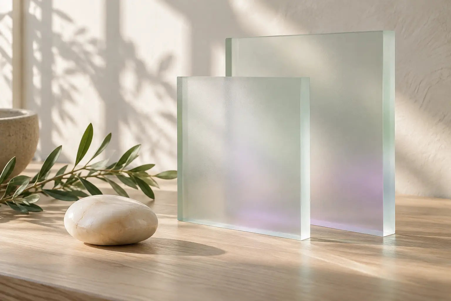 Frosted glass and natural materials in soft daylight