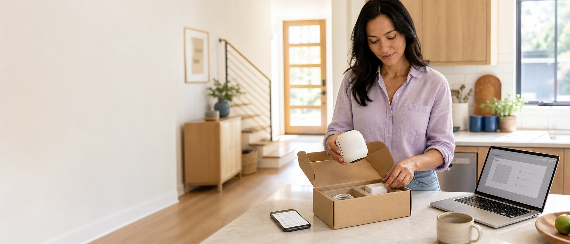 A customer carefully preparing a technology product return in a bright American home