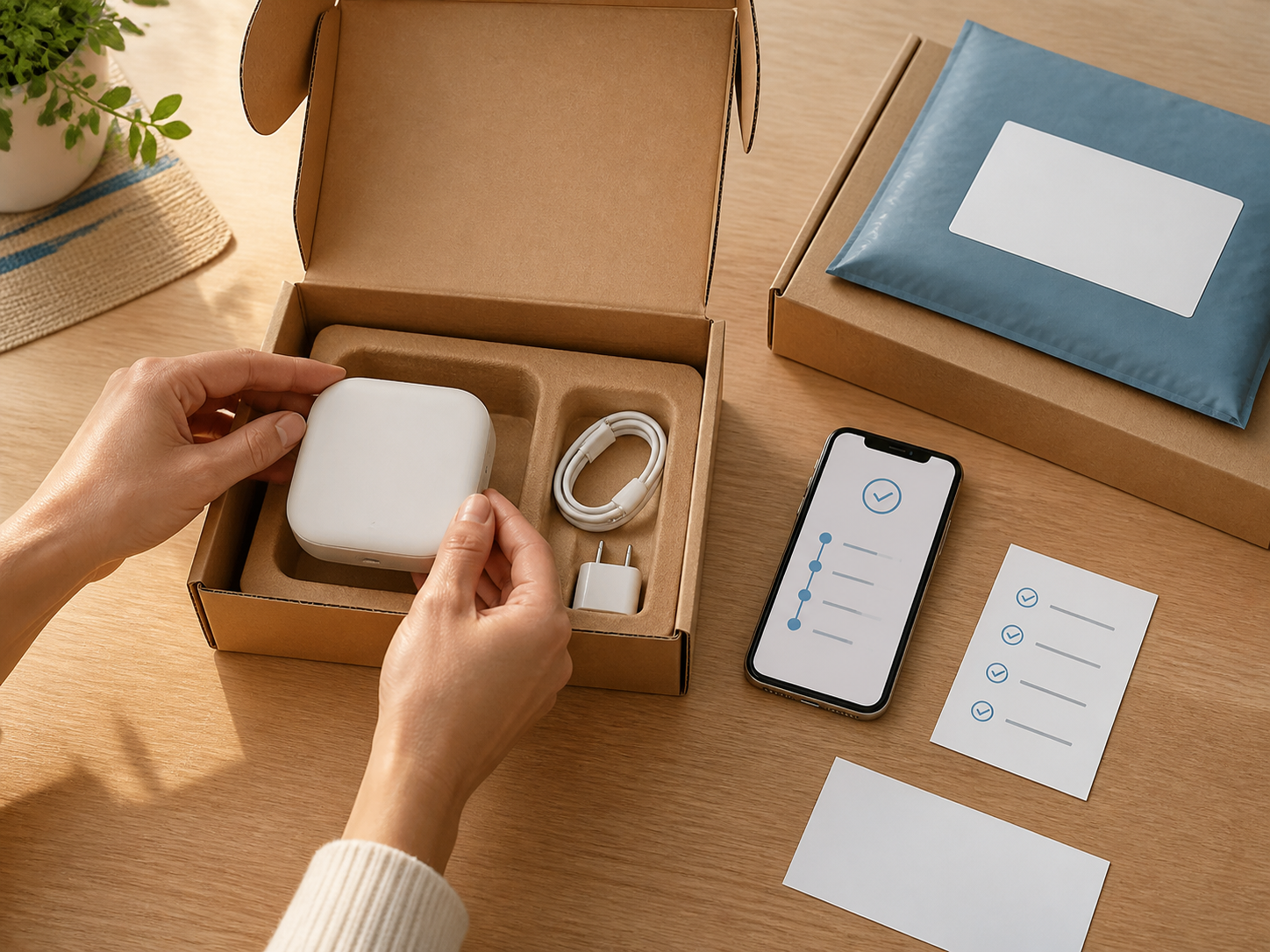 Hands packing a pearl-white technology device and accessories for an authorized tracked return