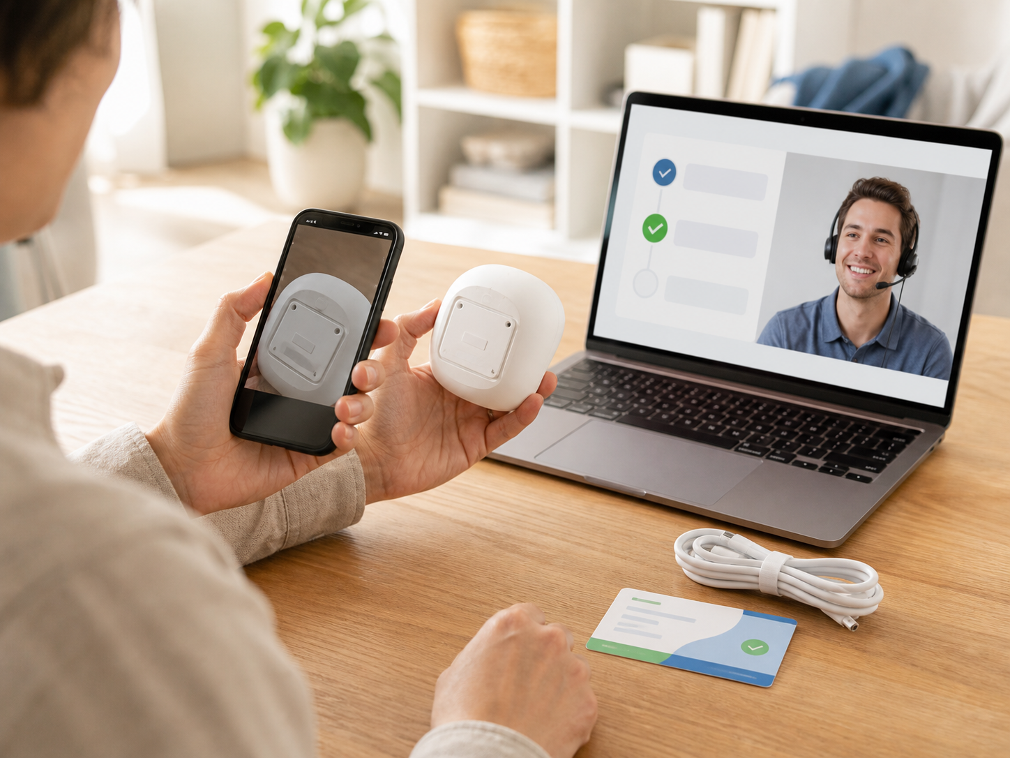 A customer photographing a product identification area while receiving guided online support