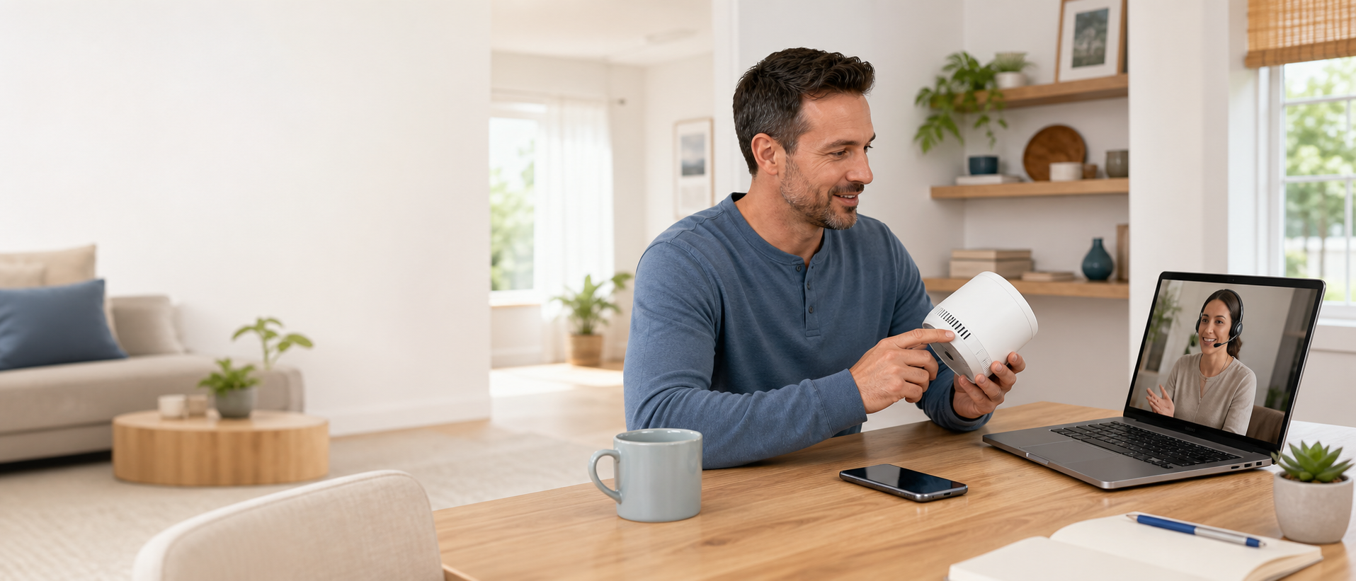 A homeowner receiving calm guided product support in a bright American home