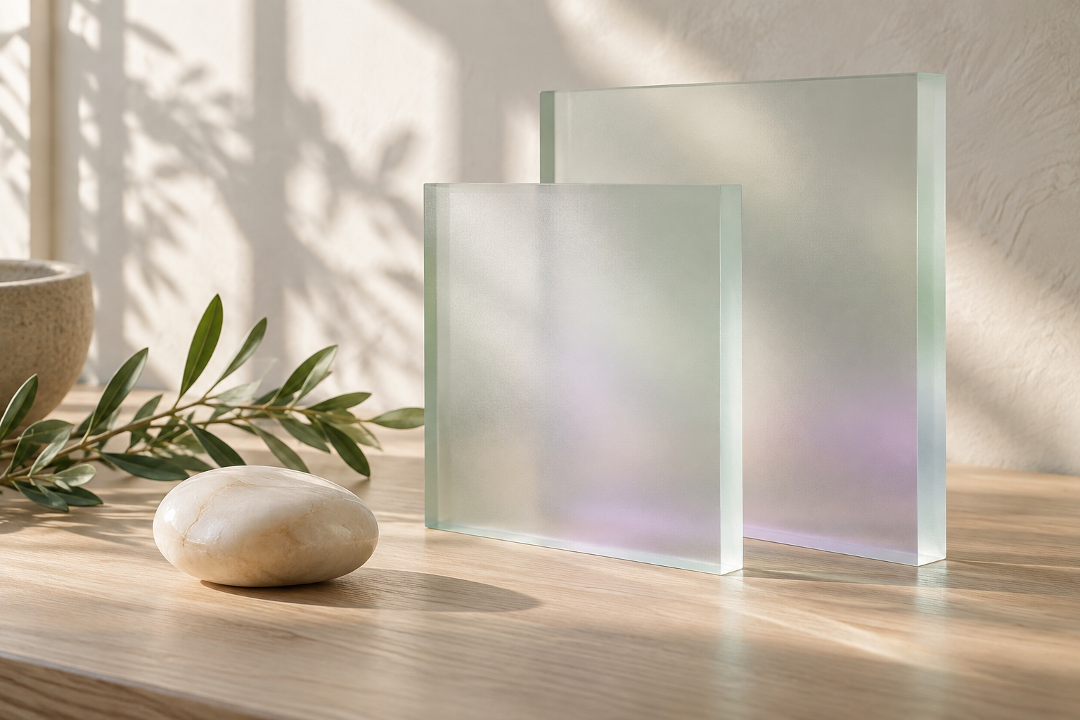 Frosted glass and natural materials in soft daylight